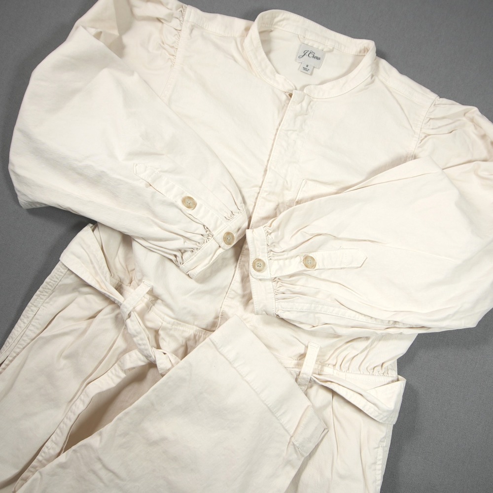J.Crew Puff-Sleeve Chino Jumpsuit Long Sleeve Tie-Waist Women 8 BA954 35x26